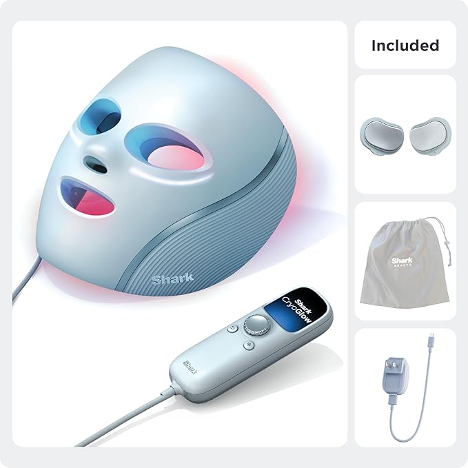 Shark CryoGlow LED Face Mask with Under-Eye Cooling, Anti-Ageing & Blemish Repair, Red & Blue LED, Infrared Light Therapy, USB-C, Remote Control, Storage Bag, Blue Frost, FW312