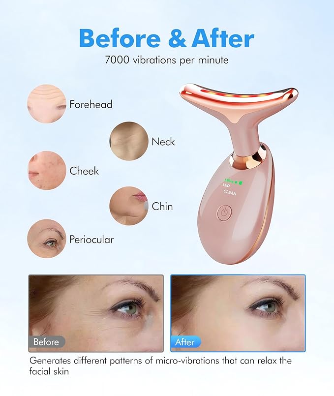 Red Light Therapy for Face and Neck, 7 Color Face Massager Tool for Wrinkles, Double Chin, Vibrating Facial Massager with Thermals for Skin Care, Rose Gold