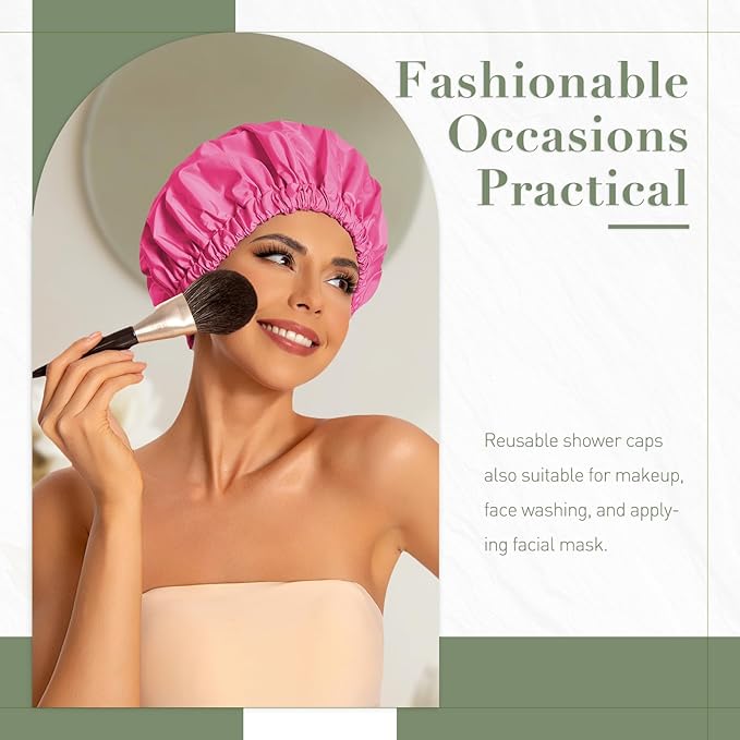 Reusable Shower Cap for Women, Large Waterproof Shower Essentials Bonnet Washable Elastic Band Bath Hair Wrap Hat for Long Hair, Braids(Rose Red)