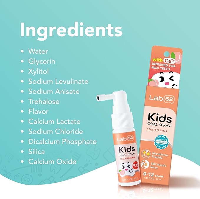LAB52 Kids Oral Spray, Toddler Toothpaste Helper for Daily Oral Care and Fresh Breath, Children Approved with Fluoride Free for Newborn to Preschoolers, Xylitol (Strawberry & Vanilla)