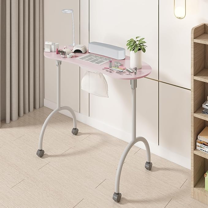 TABU Portable Manicure Nail Table, Foldable Manicure Table with Dust Collector Fan, LED Lamp, 4 Lockable Wheels and Carry Bag, Professional Nail Desk with Wrist Cushion (Pink)