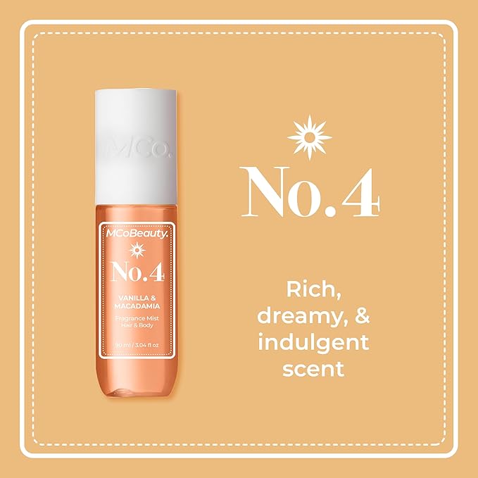MCoBeauty - Fragrance Mist No.4 - Light Body Mist and Hair Perfume with Caramel, Macadamia, White Chocolate and Sea Salt - Gifts for Women, Feminine Spray, Self Care Gifts for Women - 90ml Bottle
