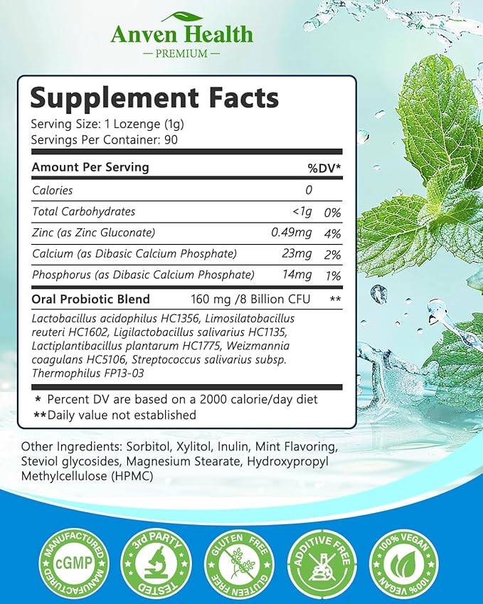 Oral Probiotics Lozenges for Mouth Bad Breath & Gum Repair - Mineral Fusion with Zinc + Calcium for Dry Mouth Relief, Enamel Shield, Mint Flavor with Xylitol - 180 Lozenges, Sugar-free