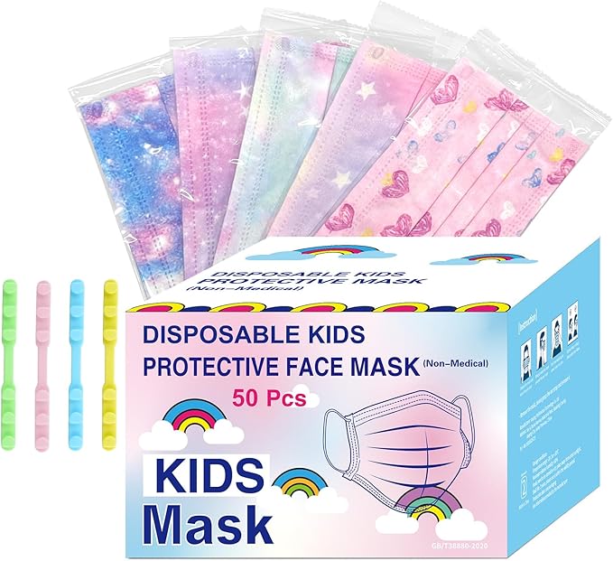 Rasav Kids Disposable Face Masks,3 Ply Kids Masks Disposable Breathable Colorful Cute Face Masks for Children, Girls & Boys