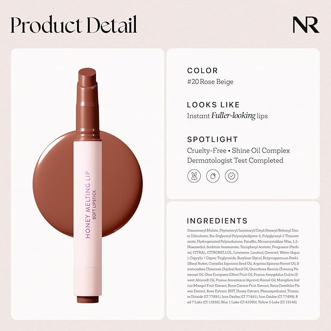 Nature Republic HONEY MELTING LIP (20 ROSE BROWN) SOFT LIP STICK, Hydrating Gloss, Moisturizing balms, Sheer tint, Shine & Nude, Glowy Finish, korean make up, Stocking Stuffers