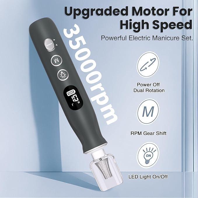 Electric Nail Drill, Cordless 2000 mAh Rechargeable Portable Nail File 12 in 1 Kit for Thick Toenails, 10 Speeds Nail Dril Machine Professional Manicure Pedicure for Hand Natural Nails Care (Grey)