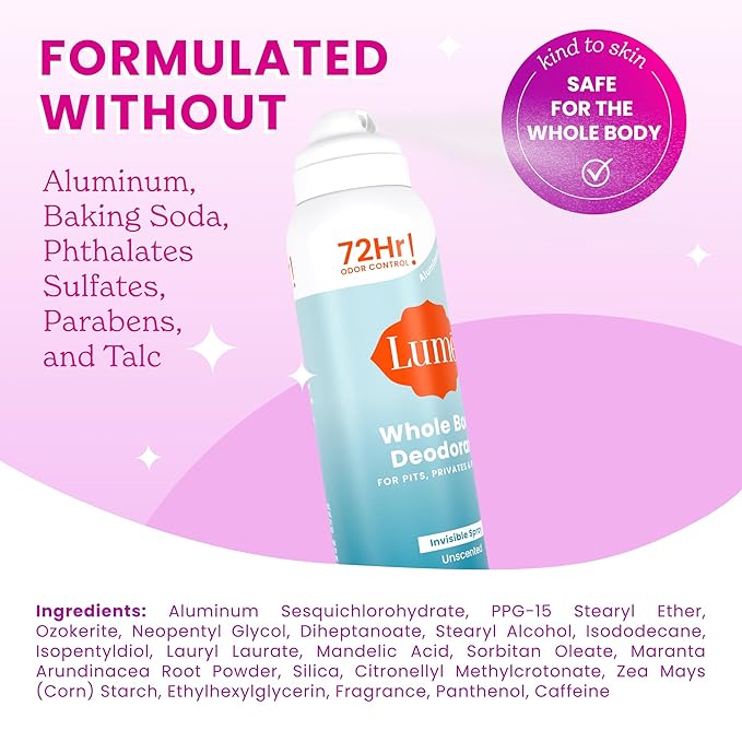 Lume Invisible Spray Deodorant For Women - Whole Body Deodorant Spray - 72 Hr Odor Control - Ozone Friendly, Natural Propellant - Aluminum & Baking Soda Free, Skin Loving - 3.6 ounce (Unscented)