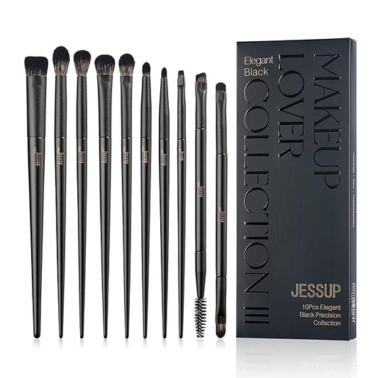 Jessup Eyeshadow Brush Set, 10Pcs Eye Makeup Brushes Professional for Blending Eye Shadow Liner Crease, Duo-end Brow Brush, Elegant Black T337