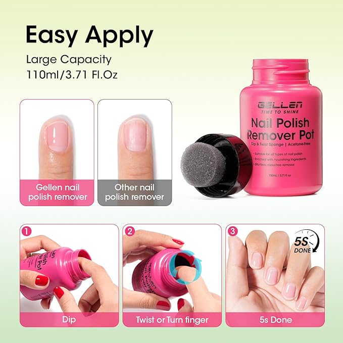 Gellen Nail Polish Remover, Dip Twist Sponge Nail Polish Remover Pot For Fingernail Toenail, Non-Acetone Fragrance Free, 5-9s Quick Removal, Jasmine Scent Non-drying Formula Shea Butter & Vitamin E