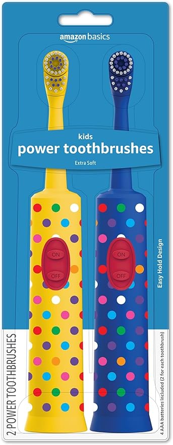 Amazon Basics Kids Battery Powered Toothbrush, 2 Count, 1 Pack (Previously Solimo)
