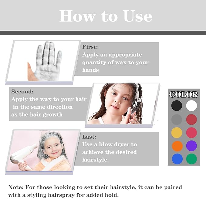 White Hair Color Wax, Temporary Hair Color Wax, Temporary Hair Dye for Dark Hair, Washable, Kids, Halloween, Cosplay, Party, Girls