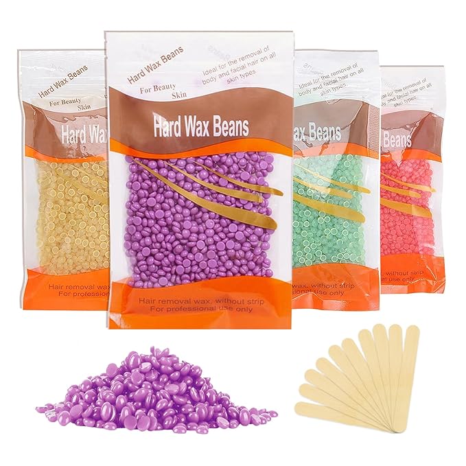 4 Packs Hard Wax Beads for Hair Removal,Gentle Waxing Beads for Full Body,Face,Underarm,Bikini and Legs,Long Lasting Hair Removal Waxing Kit with 10 Wax Scraper Sticks