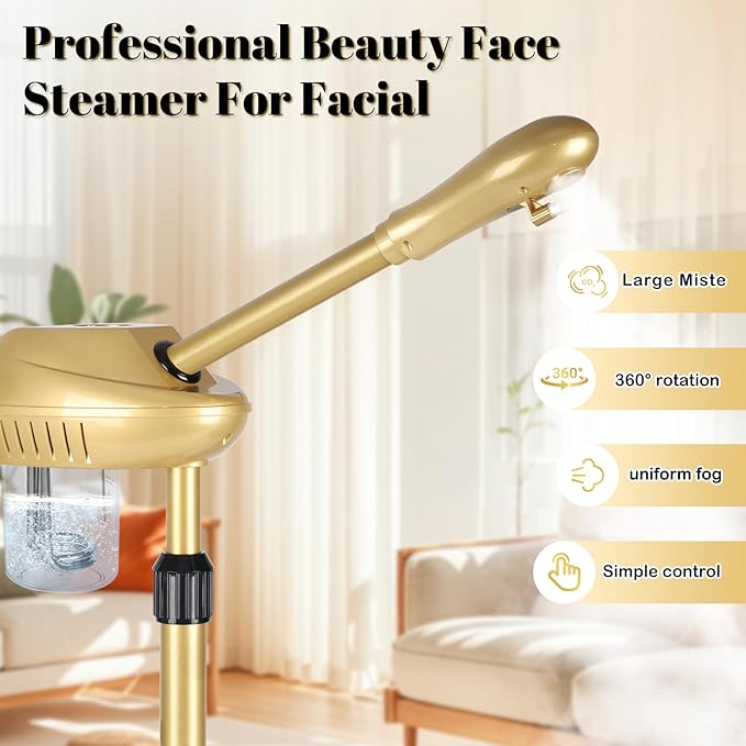 Facial Steamer Professional with More Steam for Deep Cleansing and Hydration, Steamer for Facial with Time Setting, Face Steamer Adjustable Height for Beauty, Spa and Home Use, Gold