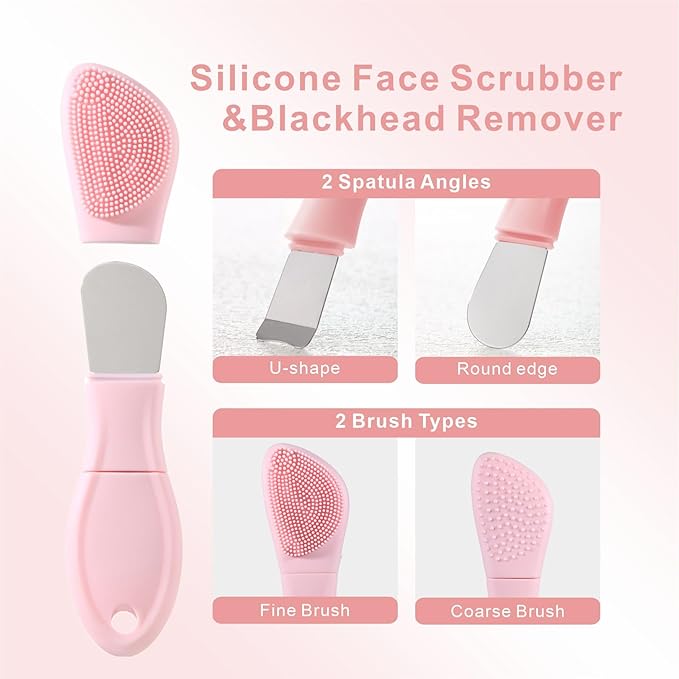 Blackhead Remover & Silicone Face Scrubber,Face Spatula,Facial Cleansing Brush, Pore Brush, Face Scrubber Exfoliator for Facial Deep Cleansing (Pink)
