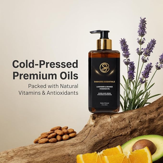 Aromatherapy Massage Oil - Lavender Oil & Orange 10 Fl Oz - Thai Body Oil for Massage Therapy with Jojoba, Avocado, Argan, Aloe, Almond – Relaxing Body Care & Self-Care