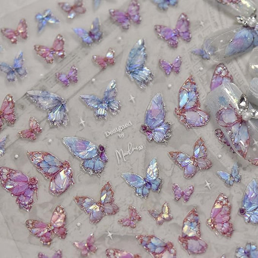 Butterfly Nail Art Stickers Decals Purple Pink Butterfly 5D Embossed Nail Decals Shell Light Butterflies Nail Designs Adhesive Sticker Manicure Accessories for Women Girls DIY Nail Art Decorations