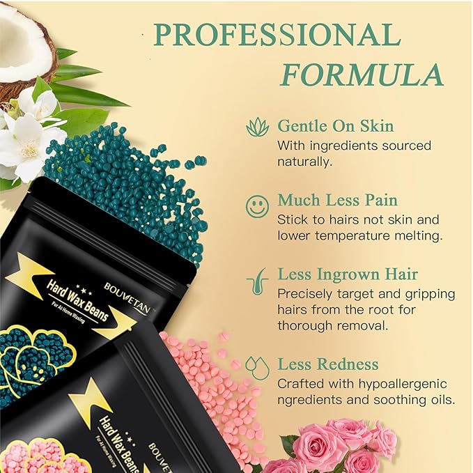 Wax Beads for Hair Removal, Bouvetan 1.3Lb/21oz Hard Waxing Beads for Brazilian Waxing, Waxing Beads for Eyebrow, Face, Bikini, Legs, Arms for Women Men Hair Removal with 10pcs Spatulas, 6 Packs