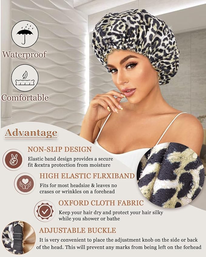 Shower Caps for Women Waterproof Reusable… (Black Leopard)