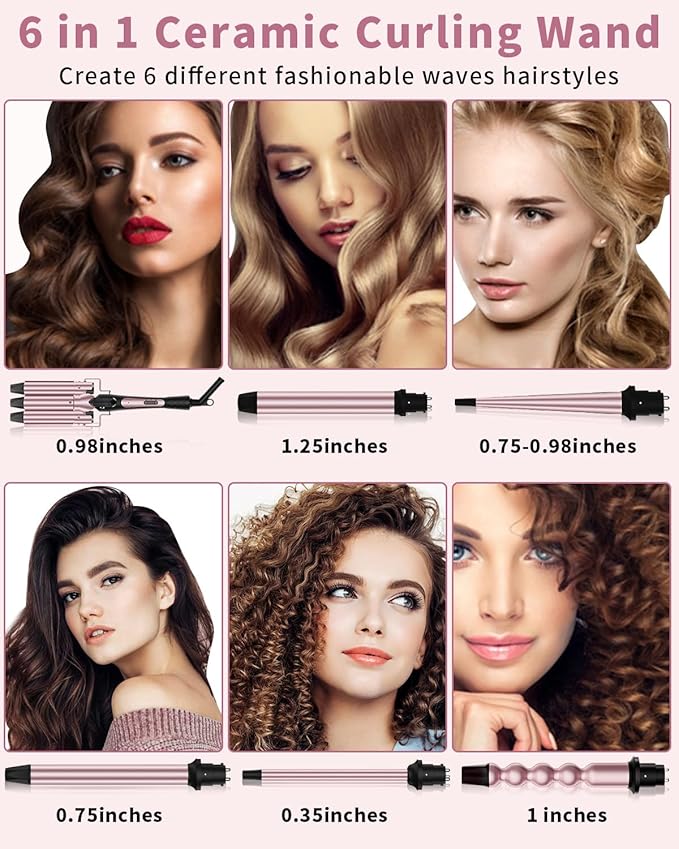 6 in 1 Curling Iron, Curling Wand Set with 3 Barrel Hair Crimper and 5 Interchangeable Ceramic Hair Curler (0.35"-1.25”), Instant Heat Up 2 Temp Wand Curler, Include Heat Protective Glove & 2 Clips