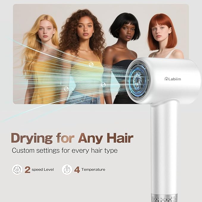 Hair Dryer, High-Speed Ionic Low Noise Blow Dryer with Brushless Motor for Fast Drying, Thermo-Control Quiet Compact Hair Blow Dryer, Hairdryer with 1 Nozzle Attachments for Home Salon Travel