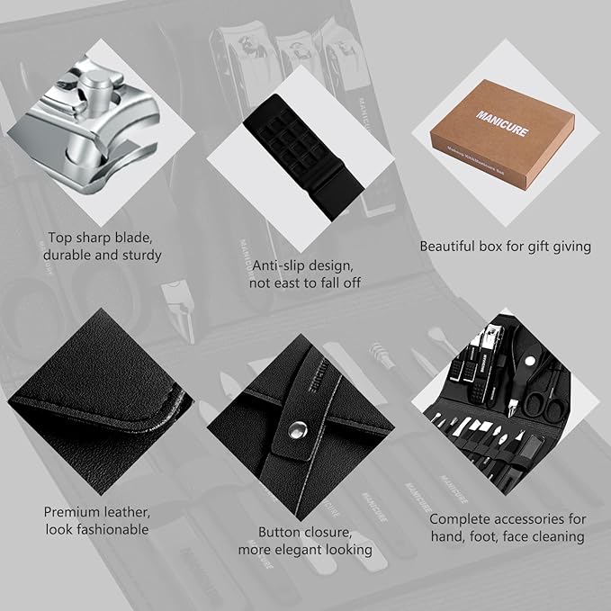 Manicure Set Professional Nail Clippers Pedicure Kit, 16 pcs Stainless Steel Nail Care Tools Grooming Kit with Luxurious Travel Leather Case for Thick Nails Men Women Gift (Black)