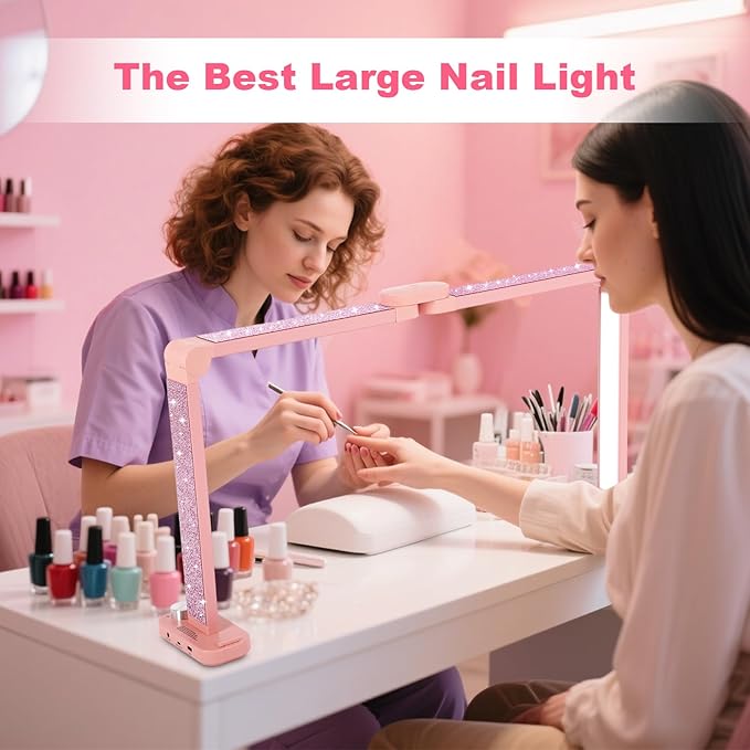 34in Half Moon Light for Nail Desk, Foldable LED Lamp for Nail Art, Tattooing, Craft Making, Stepless Dimming, 3000-6000K Color Temperature Adjustment, 456 Light Beads, Pink with Diamond
