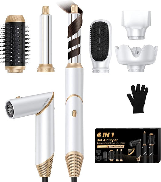 6 in 1 Hair Dryer Brush, Foldable Blow Dryer Brush with Air Styler Curler Wrap, Detachable Hot Air Brush Dry,Volumize, Straight,Curl, Negative Ion Brush Blow Dryer with Diffuser, Hair Styler Tools