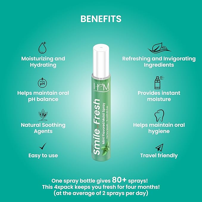 HM - Dry Mouth Flavoured Spray Xylitol - Alcohol Free | Instantly Hydrate & Moisturize | pH Balanced | Promotes Saliva Production & Soothes, Bad Breath | Pack of 4 x 0.33 oz [1.35 Oz]