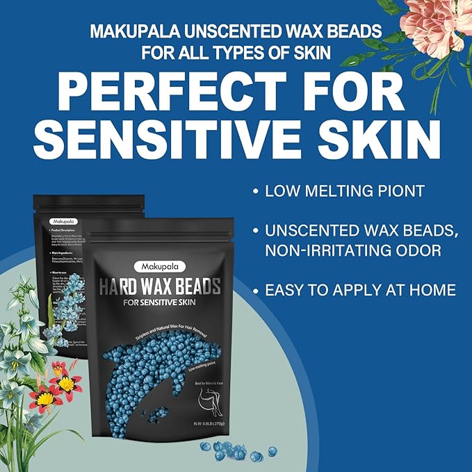 Hard Wax Beads for Sensitive Skin, 2lb Unscented Spa Waxing Beads at Home for Brazilian Waxing, Professional Bluk Wax Beans Hair Removal for Body, Bikini, Legs, Facial, Easy Use, Blue