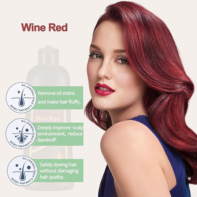 Natural Wine Red Hair Dye Shampoo for Gray Hair, 3-IN-1 Burgundy Hair Dye Shampoo, Red Hair Dye for Men Women Colors in Minutes, Easy to Use, Instant Hair Dye for All Hair Types（Wine red