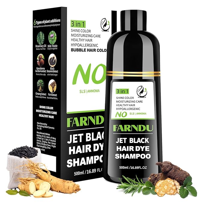 FARNDU Jet Black Hair Dye Shampoo for Women & Men, 3 in 1 Natural Herbal Color Shampoo for 100% Gray Coverage, Ammonia & Paraben Free (500ml)