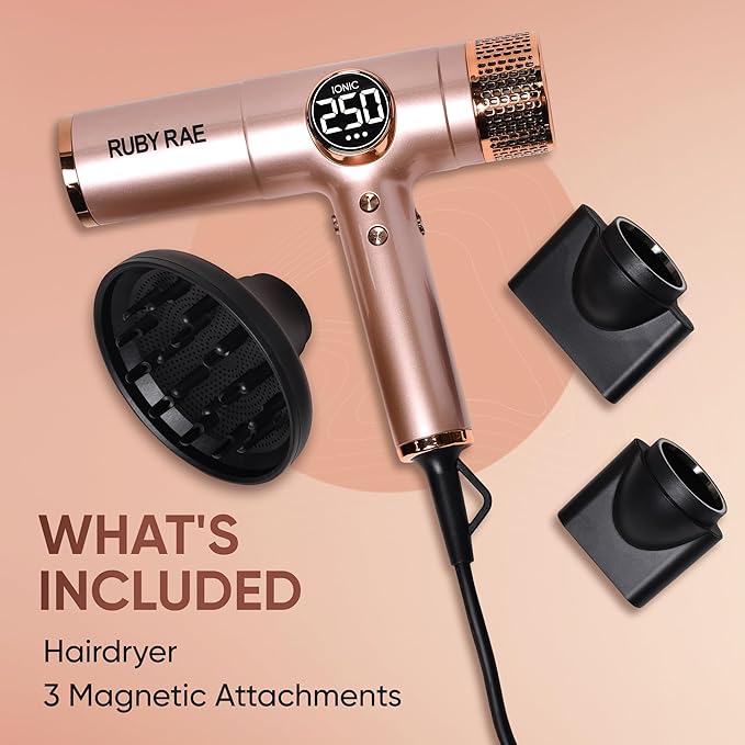 RUBY RAE Ionic Hair Dryer 2000W, Professional Dual Voltage Blow Dryer with Diffuser, Lightweight Design, Fast Drying, Low Noise Technology, 3 Magnetic Attachments Suitable for All Hair Types