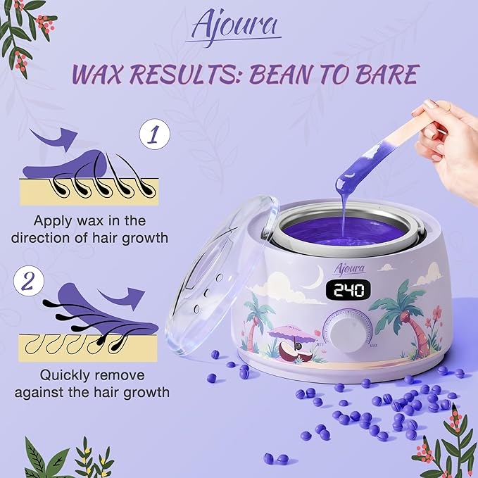 Ajoura Professional Wax Warmer Machine, 16oz Capacity Wax Heater Hair Removal Kit with Digital Temp Control & Fast Heat, Includes 30 Sticks for Face, Legs, Bikini, Brazilian and Body (Light Purple)