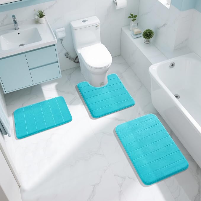 Yimobra Memory Foam Bath Mat, Super Soft Absorbent Bathroom Rug Non Slip, Quick Dry, Machine Washable Floor Carpet for Tub Shower, Home Decor Accessories, 24x17, Lake Blue