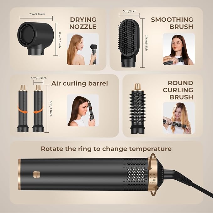 5 in 1 Hair Dryer Brush Set, Air Curler Wrap Hair Styler Blow Dryer Brush with 3 Temps, Upgrade Negative Ion Hot Air Brush Curling Brush Iron, Hair Styling Tools for Dry Curl Straighten