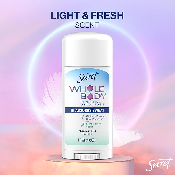 Secret Whole Body Deodorant Dry Feel Stick + Absorbs Sweat for Women, Naturally Derived Ingredients, Light & Fresh Scent, Aluminum Free Deodorant Stick, 72 HR Odor Protection, 2.4 oz
