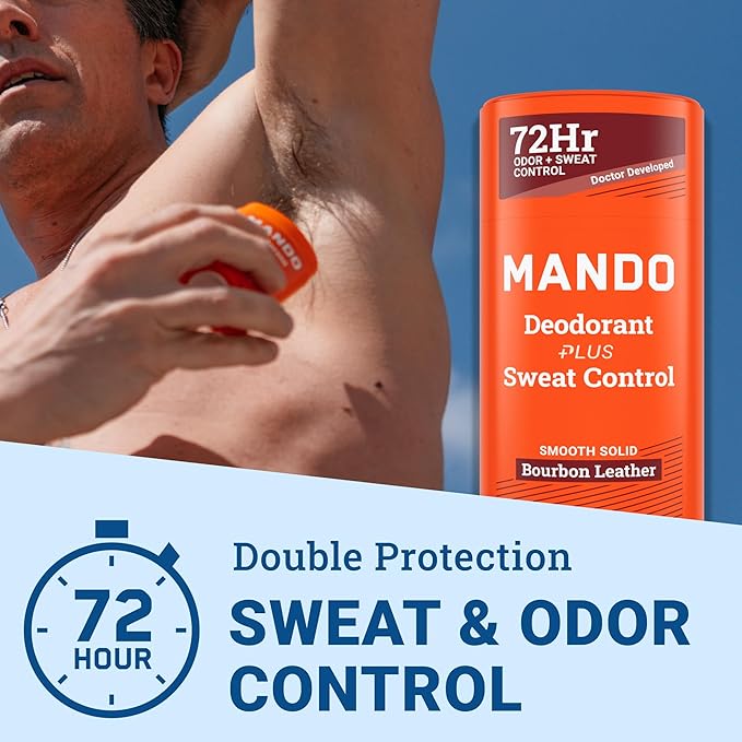 Mando Antiperspirant Deodorant Sweat and Odor Control for Men – Extra Strength Smooth Solid Stick – 72 Hour Performance – Baking Soda Free, Skin Safe – 2.6 oz – Bourbon Leather – Pack of 2