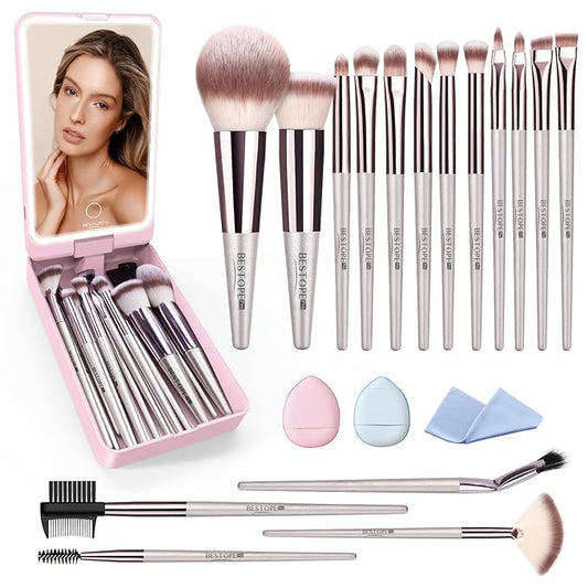Makeup Brushes with Case, 20PCs Travel Makeup Brush Set, Foundation Concealer Blush Eyeshadow Brush Set Contour Powder Eyebrow Eyelash Brush Kit with Led Light Mirror Holder & 2 Powder Puff-Champagne
