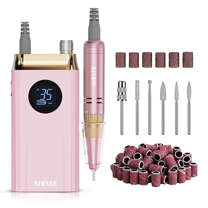 AIRSEE Professional Portable Nail Drill 35000RPM,Rechargeable Cordless Nail Drill for Manicure Salon Home, Eletric NALI E File for Acrylic Nails Gel Polishing Removing, EW4 Pink