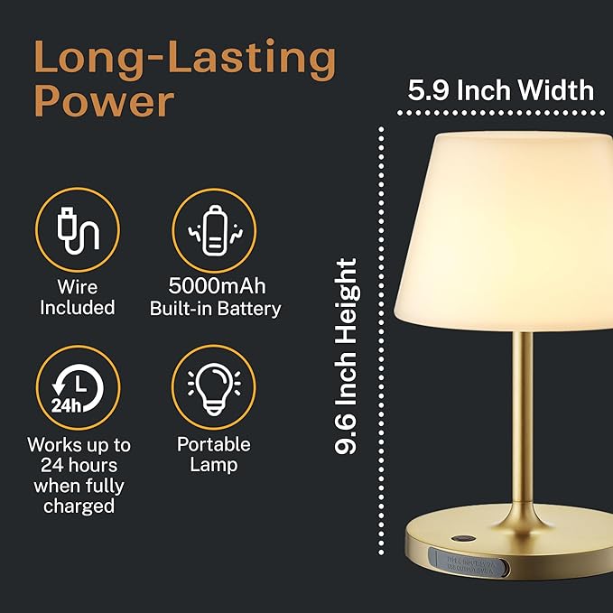 Cordless Lamp, 5000mAh Battery Operated Rechargeable Table Lamp with Power Bank, Touch Dimmable 3 Color Temperatures, IP44 Waterproof Shower Lamp for Kitchen, Bathroom, Indoor Or Outdoor Use 9.6in