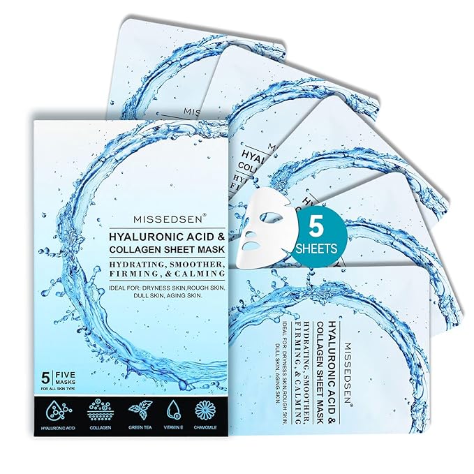 Collagen Face Mask with Hyaluronic Acid, Vitamin E Oil for Skin Care Hydrating, Moisturizing, Brightening & Anti Aging Face Masks Skincare for Oil, Dry, Acne, Sensitive All Skin Types 5PCS