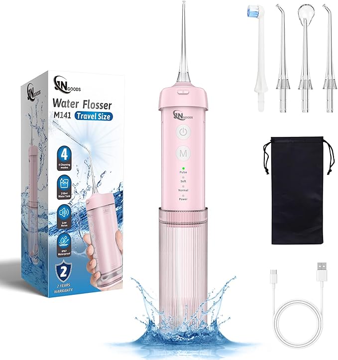 Mini Portable Water Flosser Oral Irrigator Water Teeth Cleaner Pick, Telescopic Water Tank, 4 Modes & IPX7 Waterproof, Home & Travel Water Flossers for Teeth, Braces Bridges Care. (Pink)