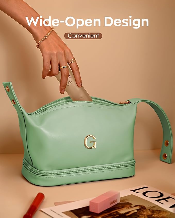 Trendy Gifts for Women, Personalized Makeup Bag with Handle, Initial Double Layer Cosmetic Bag with Makeup Brush Organizer, Cute Cosmetic Pouch for Women, Gifts for Friends Female Mom