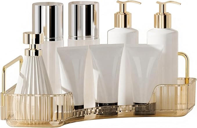 YCIA&DONE Corner Bathroom Counter Organizer, Makeup Organizer for Vanity, Skincare Cosmetic Perfume Tray, Corner Countertop Shelf Rack Storage for Bathroom Kitchen 1 Tier (Amber Gold)