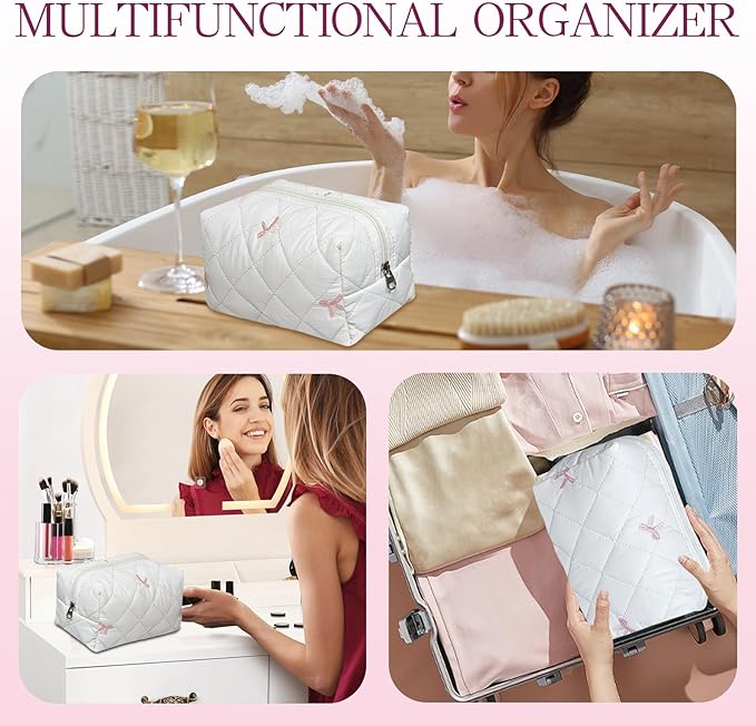 Quilted Makeup Pouch,Cotton Puffy Makeup Bag, Coquette Cosmetic Bag for Women and Girls, Aesthetic Organizer Bag, Cute Flower Travel Toiletry Bag