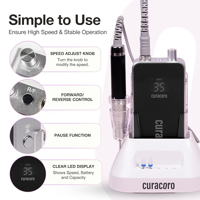 Curacoro Nail Drill 35000RPM Professional Brushless Electric Nail Drill Machine - Nail Efile for Acrylic Gel Nails, Low Noise Low Vibration
