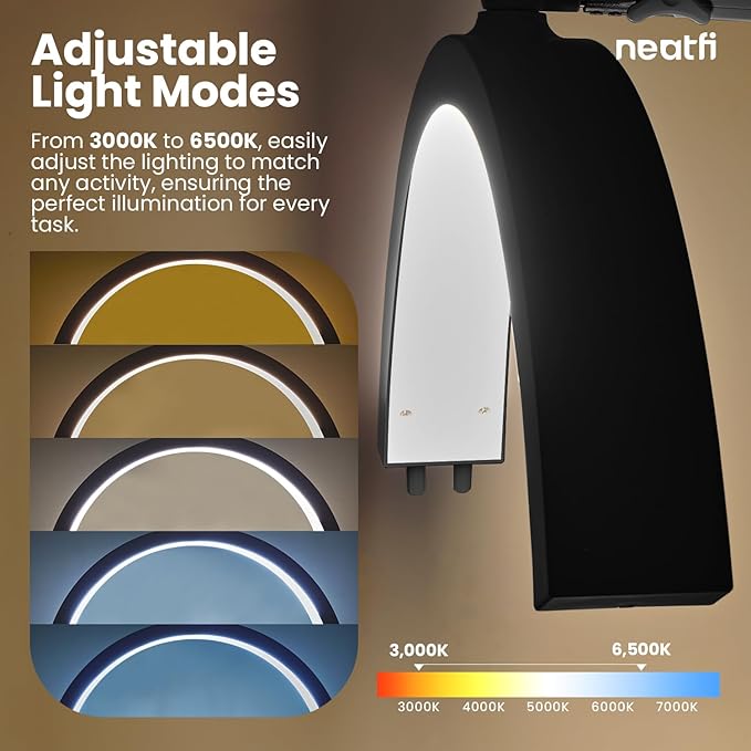 Neatfi Half Moon Swing Arm Table Lamp, 2500 Lumens, CCT Dimming, 5 Light Modes, Professional LED Lighting for Estheticians, Ideal for Nail Art, Facials, and Tattoos (with Base and Clamp, Black)