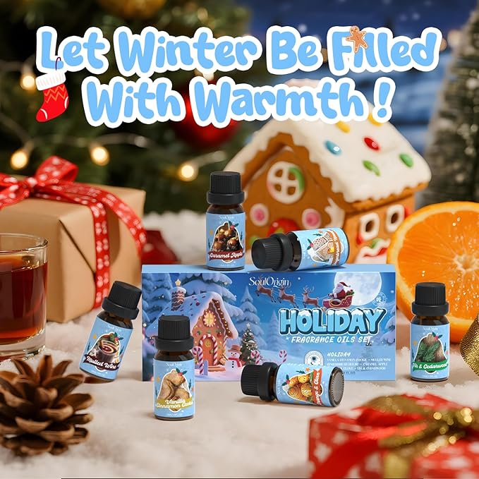 Holiday Essential Oils Set, Fragrance Oil Set for Diffuser, Scent Diffuser Oil for Candle Making-Vanilla Cinnamon Cookies, Caramel Apples, Gingerbread, Fir Cedar, Orange Cloves, Mulled Wine