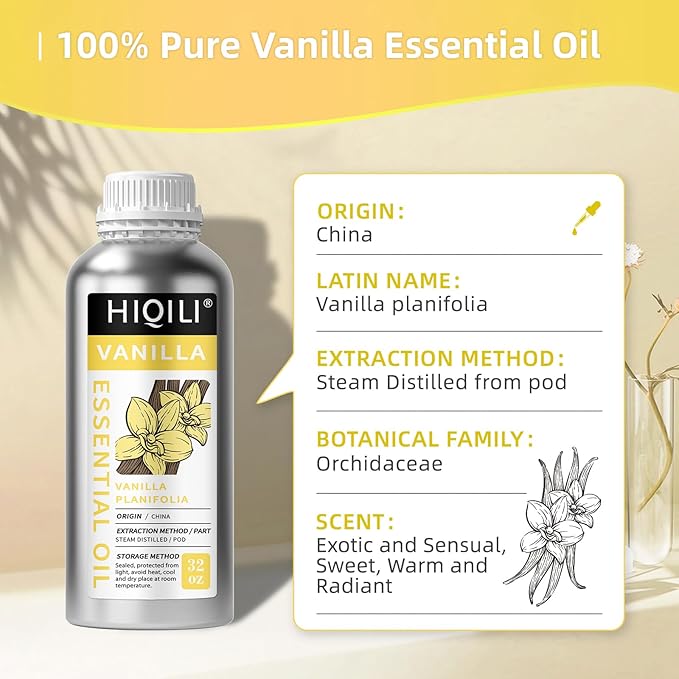 HIQILI 32 Ounces Vanilla Essential Oil, Strong Fragrance for Body Lotion, Candle Making, Soap, Aromatherapy-32 Fl Oz
