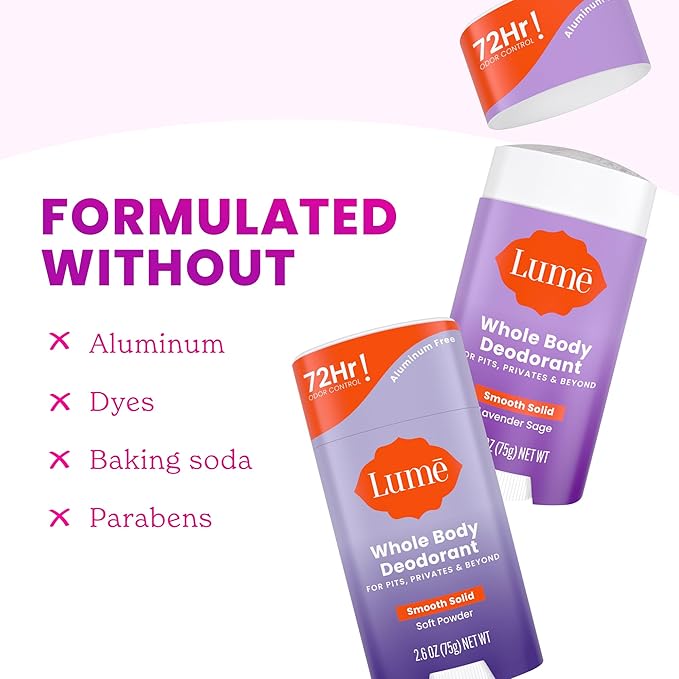 Lume Whole Body Deodorant - Smooth Solid Stick - 72 Hour Odor Control - Doctor Developed - Aluminum Free, Baking Soda Free and Skin Loving - 2.6 Ounce, Pack of 2 (Soft Powder & Lavender Sage)